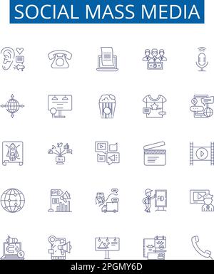 Symbole für Social-Mass-Media-Linien sind gesetzt. Design-Sammlung von Social, Media, Mass, Network, Platform, Leitlinienkonzept „Digital“, „Sharing“ und „Connecting“ Stock Vektor