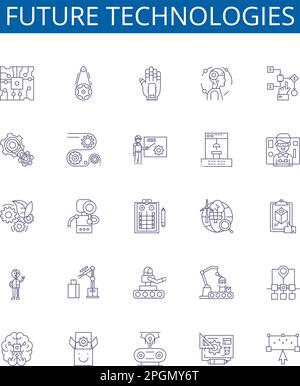 Zukunftstechnologien Symbole Zeichen gesetzt. Designkollektion von Künstlichen, Intelligenz, Robotik, Quantum, Computing, Blockchain, Erweitert, Realität Stock Vektor