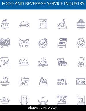 Symbole für die Gastronomiebranche sind gesetzt. Designkollektion mit Speisen, Getränken, Küche, Catering, Snacks, Bars, Restaurants Stock Vektor