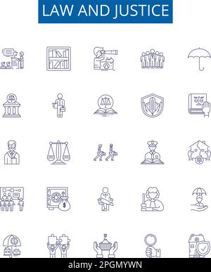 Symbole für Recht und Gerechtigkeit sind gesetzt. Design Sammlung von Recht, Justiz, Jurisprudenz, Gesetzgebung, Recht, Gesetzlich, Präzedenzfall, Rechtschaffenheit Stock Vektor