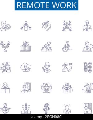 Symbole für entfernte Arbeitslinien sind eingestellt. Design-Sammlung von Remote, Arbeit, Telecommuting, virtuell, entfernt, Digitaler, externer, Online-Konturenvektor Stock Vektor