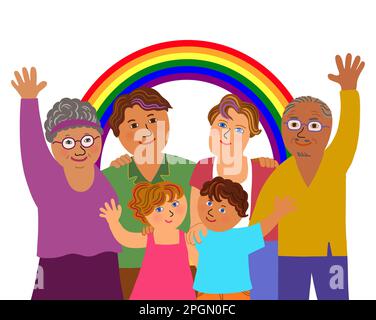 Eine Gruppe glücklicher, multiethnischer, schwuler, lgbtq-Eltern mit Familie. Junge Eltern, Adoptivkinder und Großeltern im Stehen und Arm zusammen gehoben. Stockfoto