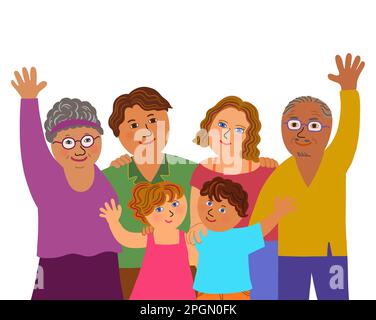 Eine Gruppe glücklicher, multiethnischer Familien. Junge Eltern, Kinder und Großeltern stehen und Arm zusammen gehoben. Illustration. Stockfoto