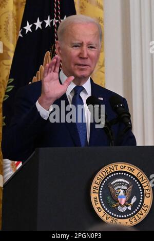 Washington, DC, USA. 23. März 2023. 3/23/23 das Weiße Haus Washington DC. Präsident Joe Biden spricht anlässlich des Jubiläums des Affordable Care Act im East Room. (Kreditbild: © Christy Bowe/ZUMA Press Wire) NUR REDAKTIONELLE VERWENDUNG! Nicht für den kommerziellen GEBRAUCH! Stockfoto