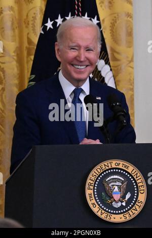 Washington, DC, USA. 23. März 2023. 3/23/23 das Weiße Haus Washington DC. Präsident Joe Biden spricht anlässlich des Jubiläums des Affordable Care Act im East Room. (Kreditbild: © Christy Bowe/ZUMA Press Wire) NUR REDAKTIONELLE VERWENDUNG! Nicht für den kommerziellen GEBRAUCH! Stockfoto