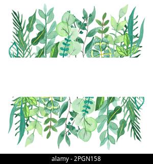 Aquarelle Rahmen aus handgezeichneten Kräutern und Grünblättern für Hochzeiten, Feiertage und dekoratives Design. Illustrationen grün isoliert auf weiß Stockfoto
