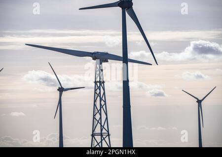 Zweiflügelrotor, Windturbine mit zwei Rotorblättern von 2-B Energy im Industriehafen Eemshaven, Windturbine, Windkraftwerk Stockfoto