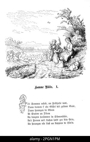 Illustratiionen zum niederdeutschen Gedicht Hanne Nüte un de Lütte Pudel, vom norddeutschen Dichter Fritz Reuter, historische Illustration 1868 Stockfoto