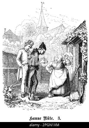 Illustratiionen zum niederdeutschen Gedicht Hanne Nüte un de Lütte Pudel, vom norddeutschen Dichter Fritz Reuter, historische Illustration 1868 Stockfoto