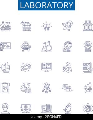 Symbole für Laborlinien sind eingestellt. Design-Sammlung von Labor, Forschung, Test, Experiment, Experimentieren, Analyse, Chemie, Assay-Konzept Stock Vektor