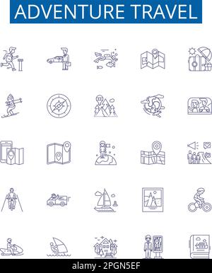 Symbole für Abenteuer-Reiselinie. Design-Sammlung von Wandern, Trekking, Kanufahren, Camping, Skifahren, Kajakfahren, Rafting, Klettern, Modellkonzept Stock Vektor