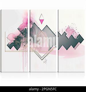 Stellen Sie drei abstrakte, moderne Wandmalereien aus der Mitte des Jahrhunderts mit geometrischem Muster auf. Einrichtung mit geometrischen Formen an den Wänden. Minimalistische skandinavische Wanddekorationen, Stockfoto