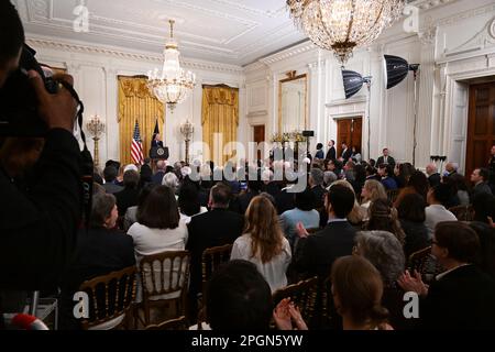Washington, DC, USA. 23. März 2023. 3/23/23 das Weiße Haus Washington DC. Präsident Joe Biden spricht anlässlich des Jubiläums des Affordable Care Act im East Room. (Kreditbild: © Christy Bowe/ZUMA Press Wire) NUR REDAKTIONELLE VERWENDUNG! Nicht für den kommerziellen GEBRAUCH! Stockfoto