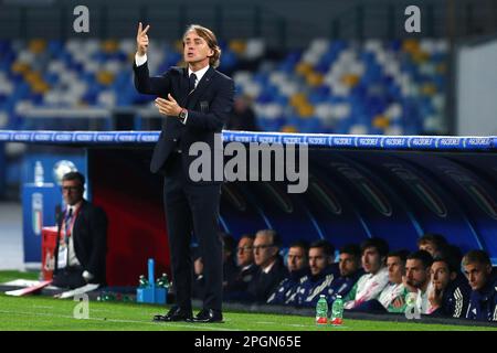 Neapel, Italien - 23/03/2023, italienischer Cheftrainer Roberto Mancini reagiert auf die UEFA Euro 2024, europäische Qualifikatoren, Fußballspiel der Gruppe C zwischen Italien und England am 23. März 2023 im Stadio Diego Armando Maradona in Neapel, Italien - Foto: Federico Proietti/DPPI/LiveMedia Stockfoto