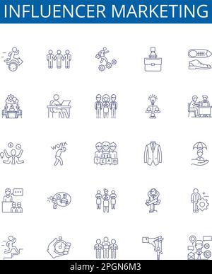 Symbole für Influencer-Marketinglinien sind gesetzt. Design-Sammlung von Influenencern, Marketing, Social, Medien, Inhalt, Plattformen, Interaktion, Strategie Stock Vektor