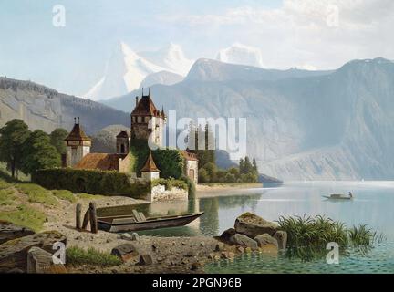 Nocken Wilhelm Theodor - Blick auf Schloss Oberhofen am Thunersee Schweiz - Deutsche Schule - 19. Und Anfang des 20. Jahrhunderts - Nocken Wilhelm Theodor - Blick auf Schloss Oberhofen am Thunersee Schweiz - Deutsche Schule - 19. Und Anfang des 20. Jahrhunderts Stockfoto