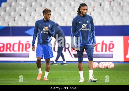 Paris, Frankreich - 23/03/2023, Kingsley COMAN aus Frankreich und Khephren THURAM aus Frankreich während des Trainings der französischen Mannschaft vor dem UEFA Euro 2024, Fußballspiel der europäischen Qualifikatoren zwischen Frankreich und den Niederlanden, am 23. März 2023 im Stade de France in Saint-Denis in der Nähe von Paris, Frankreich - Foto: Matthieu Mirville/DPPI/LiveMedia Stockfoto