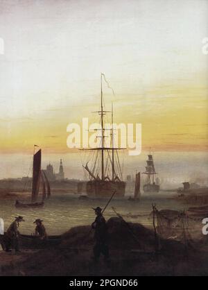 Friedrich Caspar David - Greifswalder Hafen Greifswald nach Sonnenuntergang - Deutsche Schule - 19. Jahrhundert - Friedrich Caspar David - Greifswalder Hafen von Greifswald Nach Sonnenuntergang - Deutsche Schule - 19. Jahrhundert Stockfoto