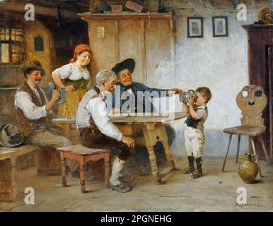 Oehmichen Hugo - der erste Schluck - Deutsche Schule - 19. Und Anfang des 20. Jahrhunderts - Oehmichen Hugo - der erste Schluck - Deutsche Schule - 19. Und Anfang des 20. Jahrhunderts Stockfoto