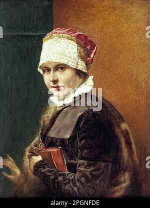 Kaulbach Hermann - Lady in ostdeutschem Kostüm mit Handschuhen und Buch - Deutsche Schule - 19. Jahrhundert - Kaulbach Hermann - Lady in ostdeutschem Kostüm mit Handschuhen und Buch - Deutsche Schule - 19. Jahrhundert Stockfoto