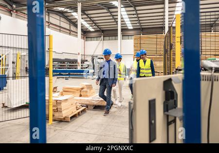 Ingenieure mit Schutzhelm, die in der Fabrik unterwegs sind Stockfoto