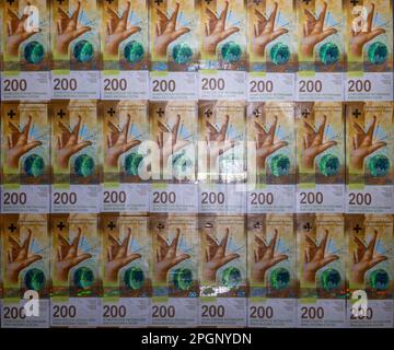 Schweizer Franken von 200 (zweihundert) Banknoten in der Schweiz. Stockfoto
