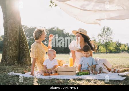 Glückliche Frauen, die mit Söhnen auf einer Picknickdecke im Park sitzen Stockfoto