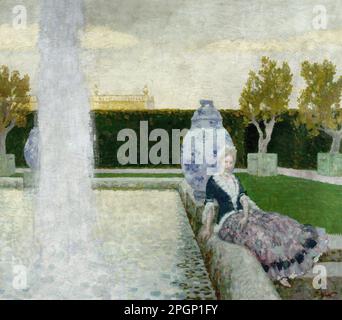 Erler Fritz - Frau im Park am Brunnen - Deutsche Schule - 19. Und Anfang des 20. Jahrhunderts - Erler Fritz - Frau im Park am Brunnen - Deutsche Schule - 19. Und Anfang des 20. Jahrhunderts Stockfoto