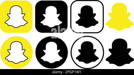 Satz von Snapchat Logo-Messenger-Symbolen. Eine Gruppe realistischer Social-Media-Logos. Sammlung von Snap Chat App Button Sheet auf transparentem Hintergrund. Stock Vektor
