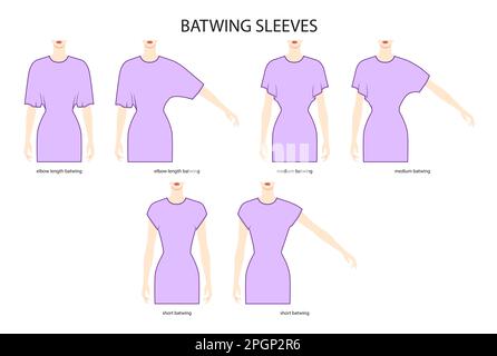 Set aus Fledermausärmeln Bekleidung Ellbogen, mittellang, kurz, technische Modezeichnung mit passgenauem Body. Flache Bekleidungsvorlage an der Vorderseite. Frauen, Männer, Unisex-CAD-Modell Stock Vektor