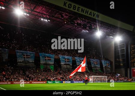 Kopenhagen, Dänemark. 23. März 2023. Das Parkstadion ist bereit für das Qualifikationsspiel UEFA Euro 2024 zwischen Dänemark und Finnland in Kopenhagen. (Foto: Gonzales Photo/Alamy Live News Stockfoto