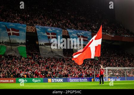 Kopenhagen, Dänemark. 23. März 2023. Das Parkstadion ist bereit für das Qualifikationsspiel UEFA Euro 2024 zwischen Dänemark und Finnland in Kopenhagen. (Foto: Gonzales Photo/Alamy Live News Stockfoto