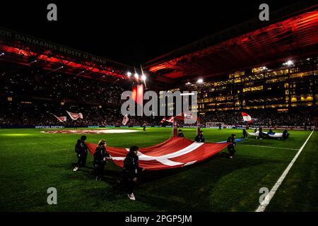 Kopenhagen, Dänemark. 23. März 2023. Das Parkstadion ist bereit für das Qualifikationsspiel UEFA Euro 2024 zwischen Dänemark und Finnland in Kopenhagen. (Foto: Gonzales Photo/Alamy Live News Stockfoto