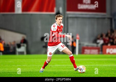 Kopenhagen, Dänemark. 23. März 2023. Mikkel Damsgaard (14) aus Dänemark wurde während des Qualifikationsspiels UEFA Euro 2024 zwischen Dänemark und Finnland bei Parken in Kopenhagen gesehen. (Foto: Gonzales Photo/Alamy Live News Stockfoto