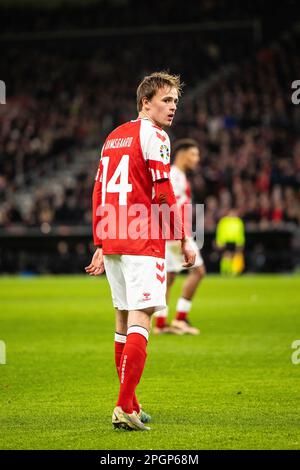 Kopenhagen, Dänemark. 23. März 2023. Mikkel Damsgaard (14) aus Dänemark wurde während des Qualifikationsspiels UEFA Euro 2024 zwischen Dänemark und Finnland bei Parken in Kopenhagen gesehen. (Foto: Gonzales Photo/Alamy Live News Stockfoto