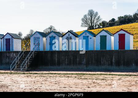 Strandhütten, Broadsands Beach, Paignton, Devon, England Stockfoto