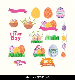 Set aus fröhlichen ostervektorelementen mit flachem Design Stock Vektor