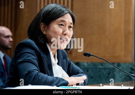 Washington, Usa. 23. März 2023. Katherine Tai, Handelsbeauftragte der Vereinigten Staaten, spricht in den USA Capitol bei einer Anhörung des Finanzkomitees des Senats. Kredit: SOPA Images Limited/Alamy Live News Stockfoto