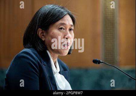 Washington, Usa. 23. März 2023. Katherine Tai, Handelsbeauftragte der Vereinigten Staaten, spricht in den USA Capitol bei einer Anhörung des Finanzkomitees des Senats. Kredit: SOPA Images Limited/Alamy Live News Stockfoto