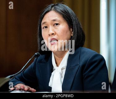 Washington, Usa. 23. März 2023. Katherine Tai, Handelsbeauftragte der Vereinigten Staaten, spricht in den USA Capitol bei einer Anhörung des Finanzkomitees des Senats. Kredit: SOPA Images Limited/Alamy Live News Stockfoto
