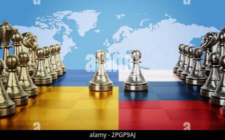 Das Konzept des Krieges zwischen der Ukraine und Russland. Schachfiguren an Bord in Farbe der Nationalflaggen gegen die Weltkarte Stockfoto