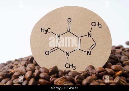 Strukturelle chemische Formel von Koffein Molekül mit gerösteten Kaffeebohnen. Koffein ist ein Stimulans des zentralen Nervensystems, ein psychoaktives Wirkstoffmolekül Stockfoto