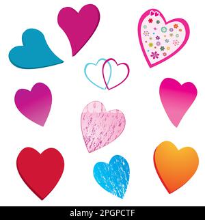 Ein Herzensset Valentinstag auf weißem Hintergrund mit kleinen bunten Herzen Stock Vektor