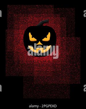 Eine wild aussehende Jack-o-Laterne ist in der 3-d Halloween-Illustration von Augen, Nase und Mund leuchtend gelb zu sehen. Stockfoto