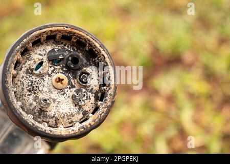 Schmutziger Duschkopf aus Chrom mit Kalkablagerungen, die gereinigt werden sollten. Verkalkte Dusche durch hartes Wasser. Calciummineralansammlungen. Stockfoto