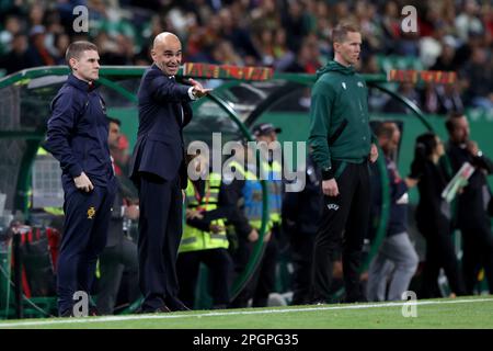 Lissabon. 23. März 2023. Cheftrainer Roberto Martinez (2. l) aus Portugal Gesten während des Qualifikationsspiels UEFA Euro 2024 Gruppe J zwischen Portugal und Liechtenstein am 23. März 2023 in Lissabon, Portugal. Kredit: Petro Fiuza/Xinhua/Alamy Live News Stockfoto