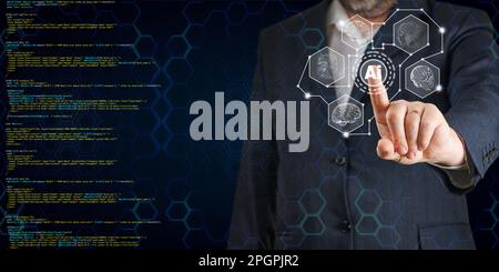 KI, künstliche Intelligenz in Smartphones. Chat-bot-Schnittstelle, futuristischer Technologie-Roboter online Stockfoto