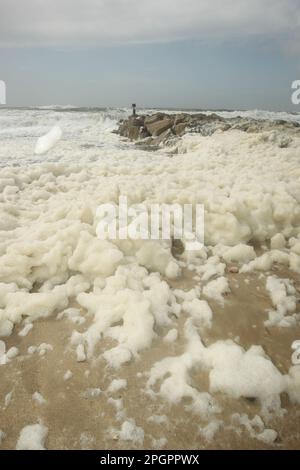 Meeresschaum wird nach einem Sturm am Strand angespült, Hengistbury Head, Dorset, England, Großbritannien Stockfoto