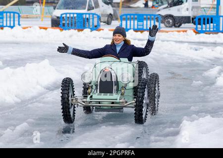 Bugatti Typ 35, treue Nachbildung auf einer Skala von 1:3 von der Little Motor Company, das EIS, St. Moritz, Engadin, Schweiz Stockfoto