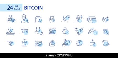24 Bitcoin-Symbole. Weltweite Verwendung von Kryptocurenien. Modernes virtuelles Finanztool. Pixelgenaue, bearbeitbare Kontur Stock Vektor